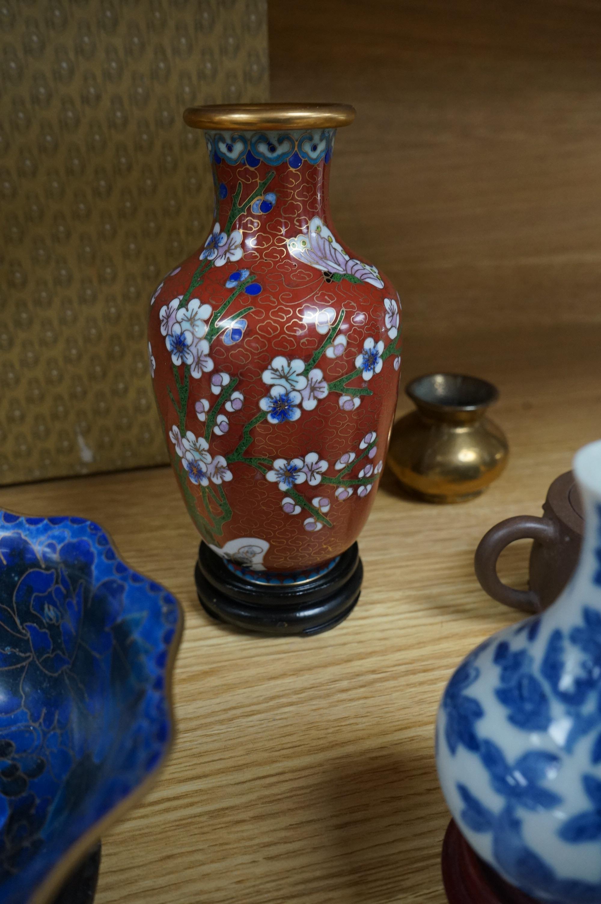 A collection of Chinese collectibles including cloisonné, yixing, etc. vases 18cm high. Condition - all appear good